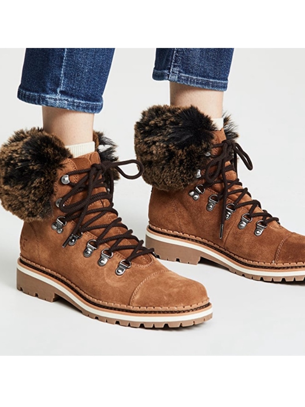 Sam Edelman Bowen Brown Suede Leather Fur Trim Lace Up Ankle Boots Size 7.5